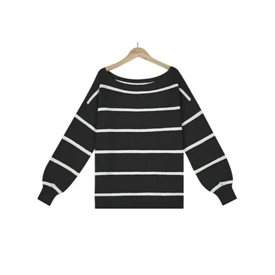 Long Sleeves Striped Off-The-Shoulder Sweater Tops Long Sleeves Striped Off-The-Shoulder Sweater Tops