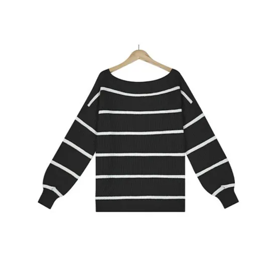 Long Sleeves Striped Off-The-Shoulder Sweater Tops Long Sleeves Striped Off-The-Shoulder Sweater Tops