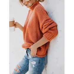 Casual Long Sleeves Solid Color High-Neck Sweater Tops