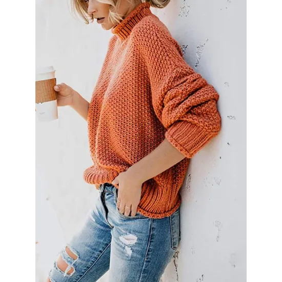 Casual Long Sleeves Solid Color High-Neck Sweater Tops Casual Long Sleeves Solid Color High-Neck Sweater Tops