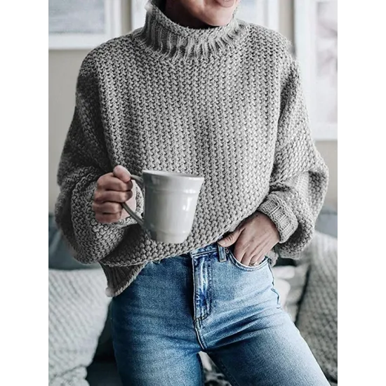 Casual Long Sleeves Solid Color High-Neck Sweater Tops Casual Long Sleeves Solid Color High-Neck Sweater Tops