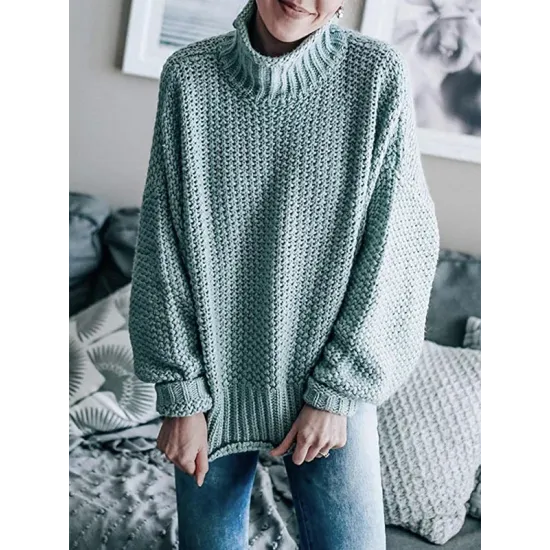 Casual Long Sleeves Solid Color High-Neck Sweater Tops Casual Long Sleeves Solid Color High-Neck Sweater Tops