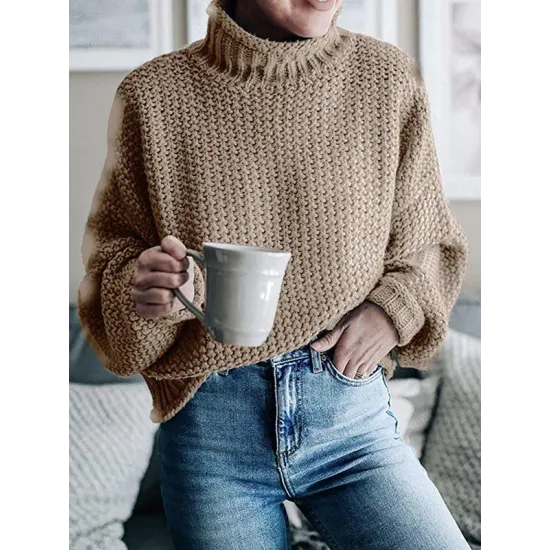 Casual Long Sleeves Solid Color High-Neck Sweater Tops Casual Long Sleeves Solid Color High-Neck Sweater Tops