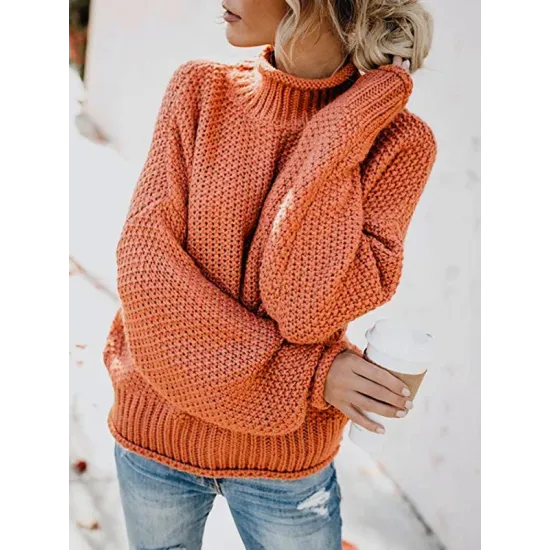 Casual Long Sleeves Solid Color High-Neck Sweater Tops Casual Long Sleeves Solid Color High-Neck Sweater Tops