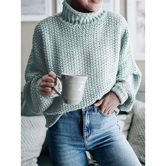 Casual Long Sleeves Solid Color High-Neck Sweater Tops Casual Long Sleeves Solid Color High-Neck Sweater Tops