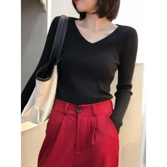 Casual Skinny Long Sleeves Solid Color V-Neck Pullovers Casual Skinny Long Sleeves Solid Color V-Neck Pullovers