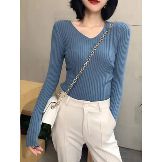 Casual Skinny Long Sleeves Solid Color V-Neck Pullovers Casual Skinny Long Sleeves Solid Color V-Neck Pullovers
