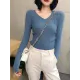 Casual Skinny Long Sleeves Solid Color V-Neck Pullovers Casual Skinny Long Sleeves Solid Color V-Neck Pullovers