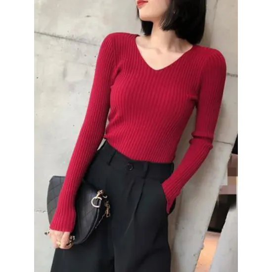 Casual Skinny Long Sleeves Solid Color V-Neck Pullovers Casual Skinny Long Sleeves Solid Color V-Neck Pullovers