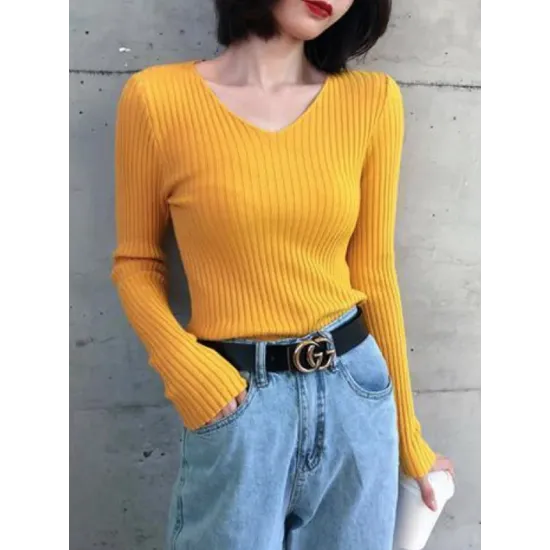 Casual Skinny Long Sleeves Solid Color V-Neck Pullovers Casual Skinny Long Sleeves Solid Color V-Neck Pullovers