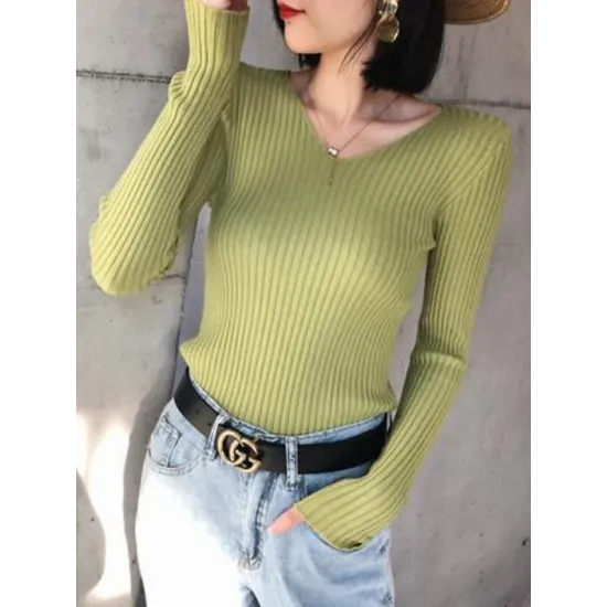 Casual Skinny Long Sleeves Solid Color V-Neck Pullovers Casual Skinny Long Sleeves Solid Color V-Neck Pullovers