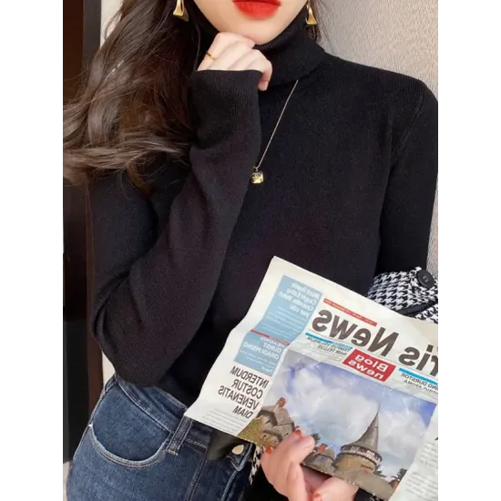 Simple Skinny Long Sleeves Solid Color High-Neck Pullovers Simple Skinny Long Sleeves Solid Color High-Neck Pullovers