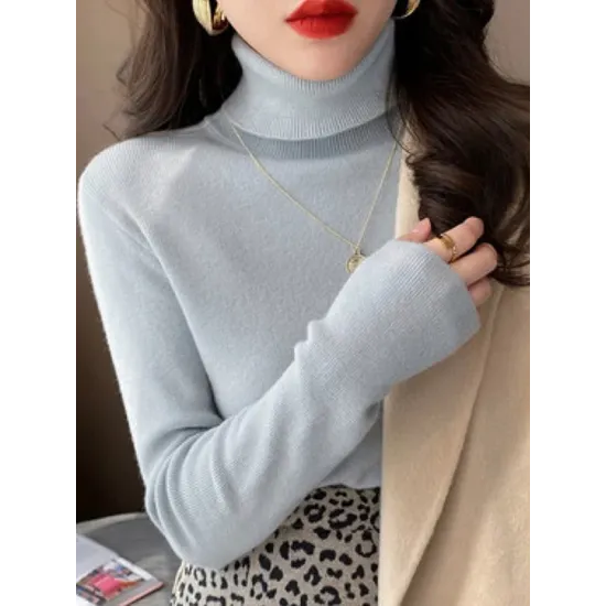 Simple Skinny Long Sleeves Solid Color High-Neck Pullovers Simple Skinny Long Sleeves Solid Color High-Neck Pullovers