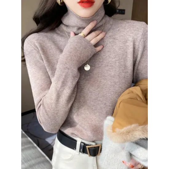 Simple Skinny Long Sleeves Solid Color High-Neck Pullovers Simple Skinny Long Sleeves Solid Color High-Neck Pullovers