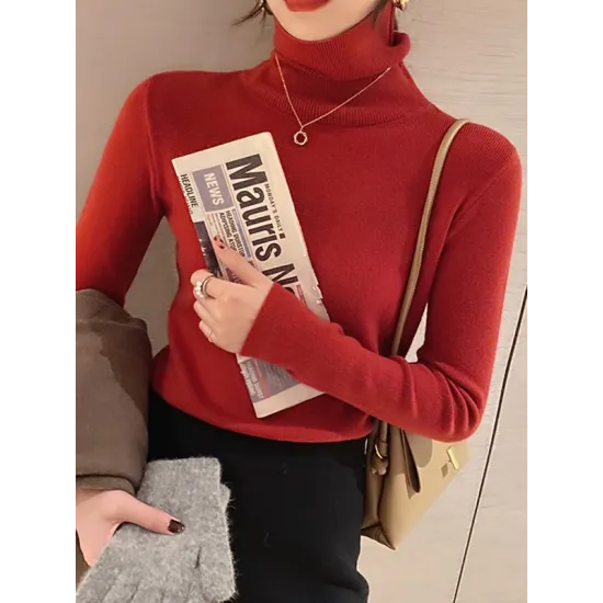 Simple Skinny Long Sleeves Solid Color High-Neck Pullovers Simple Skinny Long Sleeves Solid Color High-Neck Pullovers