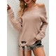 Casual Loose Long Sleeves Tied Solid Color Off-The-Shoulder Sweater Tops Casual Loose Long Sleeves Tied Solid Color Off-The-Shoulder Sweater Tops