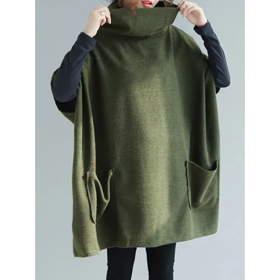 Artistic Retro Batwing Sleeves Half Sleeves Solid Color Heaps Collar Pullovers Artistic Retro Batwing Sleeves Half Sleeves Solid Color Heaps Collar Pullovers