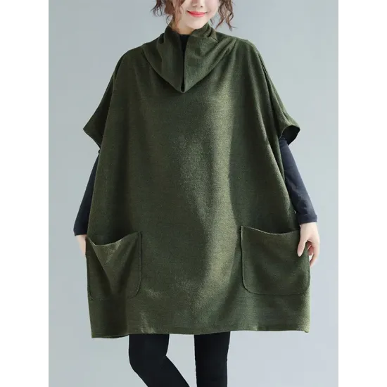 Artistic Retro Batwing Sleeves Half Sleeves Solid Color Heaps Collar Pullovers Artistic Retro Batwing Sleeves Half Sleeves Solid Color Heaps Collar Pullovers