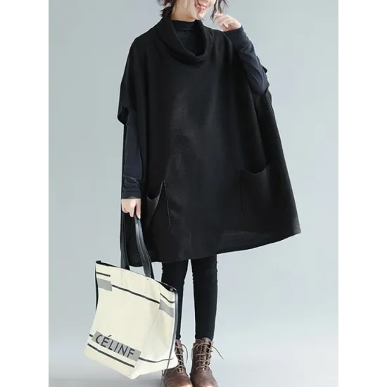Artistic Retro Batwing Sleeves Half Sleeves Solid Color Heaps Collar Pullovers Artistic Retro Batwing Sleeves Half Sleeves Solid Color Heaps Collar Pullovers