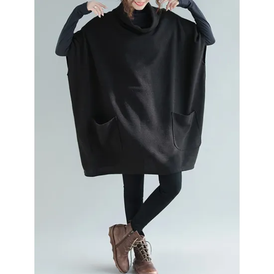 Artistic Retro Batwing Sleeves Half Sleeves Solid Color Heaps Collar Pullovers Artistic Retro Batwing Sleeves Half Sleeves Solid Color Heaps Collar Pullovers