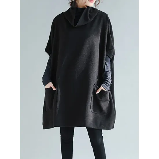 Artistic Retro Batwing Sleeves Half Sleeves Solid Color Heaps Collar Pullovers Artistic Retro Batwing Sleeves Half Sleeves Solid Color Heaps Collar Pullovers