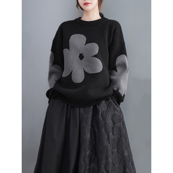 Casual Long Sleeves Loose Contrast Color Jacquard Round-Neck Pullovers Casual Long Sleeves Loose Contrast Color Jacquard Round-Neck Pullovers