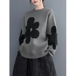 Casual Long Sleeves Loose Contrast Color Jacquard Round-Neck Pullovers
