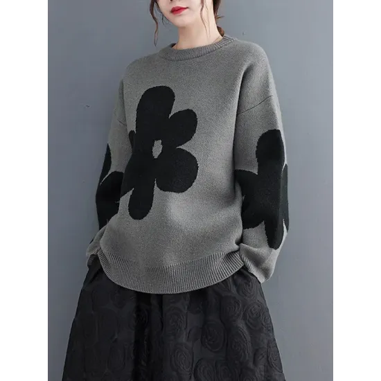 Casual Long Sleeves Loose Contrast Color Jacquard Round-Neck Pullovers Casual Long Sleeves Loose Contrast Color Jacquard Round-Neck Pullovers