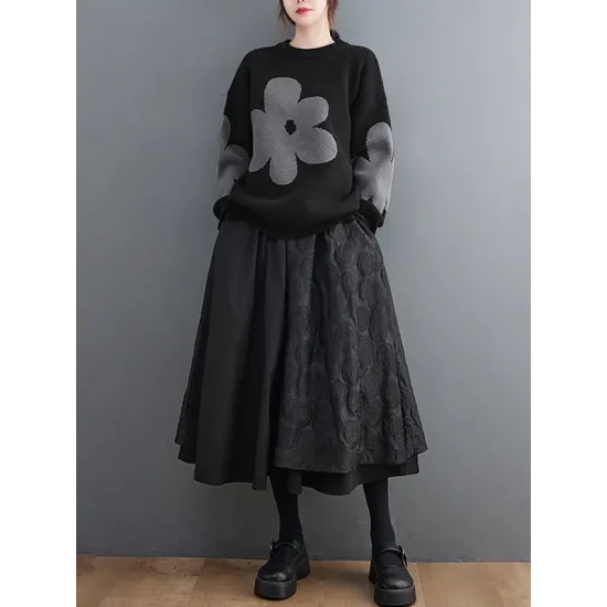 Casual Long Sleeves Loose Contrast Color Jacquard Round-Neck Pullovers Casual Long Sleeves Loose Contrast Color Jacquard Round-Neck Pullovers