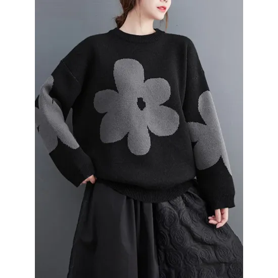 Casual Long Sleeves Loose Contrast Color Jacquard Round-Neck Pullovers Casual Long Sleeves Loose Contrast Color Jacquard Round-Neck Pullovers