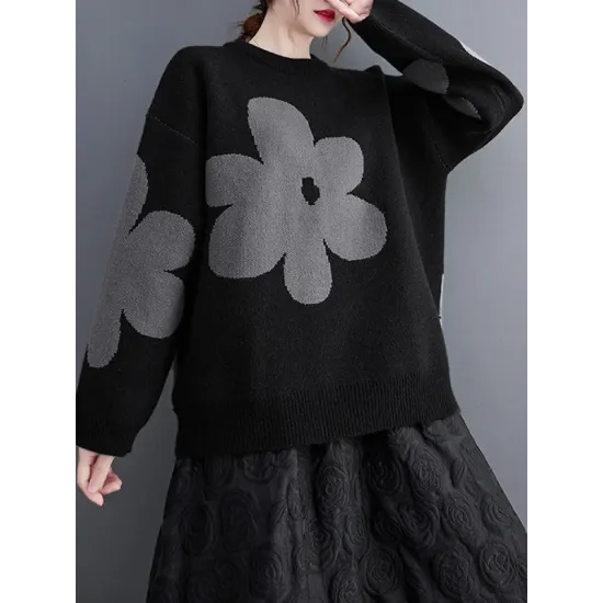 Casual Long Sleeves Loose Contrast Color Jacquard Round-Neck Pullovers Casual Long Sleeves Loose Contrast Color Jacquard Round-Neck Pullovers