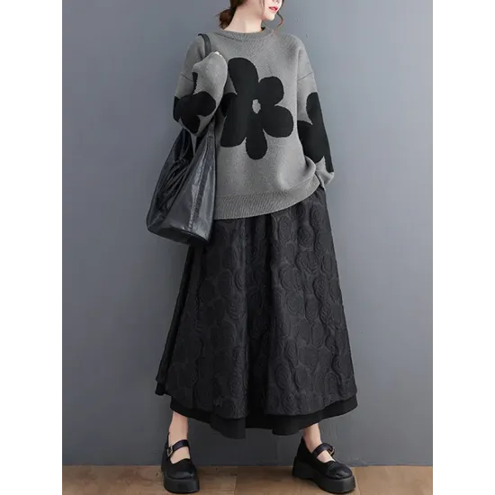 Casual Long Sleeves Loose Contrast Color Jacquard Round-Neck Pullovers Casual Long Sleeves Loose Contrast Color Jacquard Round-Neck Pullovers
