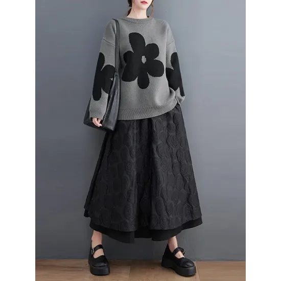 Casual Long Sleeves Loose Contrast Color Jacquard Round-Neck Pullovers Casual Long Sleeves Loose Contrast Color Jacquard Round-Neck Pullovers