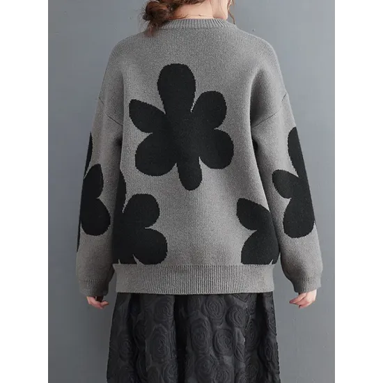 Casual Long Sleeves Loose Contrast Color Jacquard Round-Neck Pullovers Casual Long Sleeves Loose Contrast Color Jacquard Round-Neck Pullovers