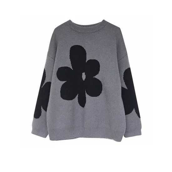 Casual Long Sleeves Loose Contrast Color Jacquard Round-Neck Pullovers Casual Long Sleeves Loose Contrast Color Jacquard Round-Neck Pullovers