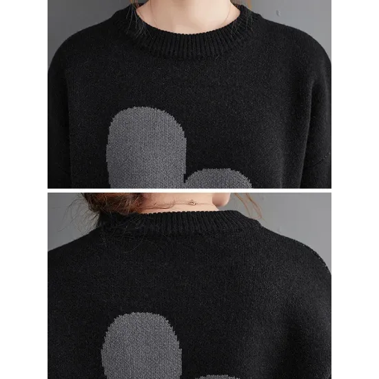 Casual Long Sleeves Loose Contrast Color Jacquard Round-Neck Pullovers Casual Long Sleeves Loose Contrast Color Jacquard Round-Neck Pullovers
