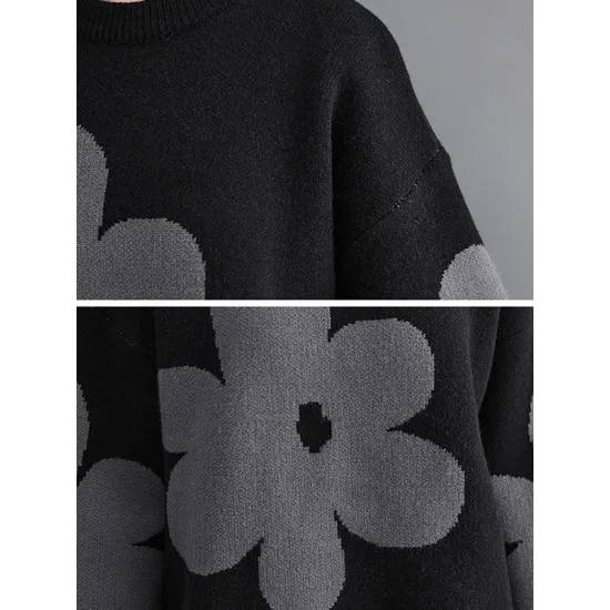 Casual Long Sleeves Loose Contrast Color Jacquard Round-Neck Pullovers Casual Long Sleeves Loose Contrast Color Jacquard Round-Neck Pullovers