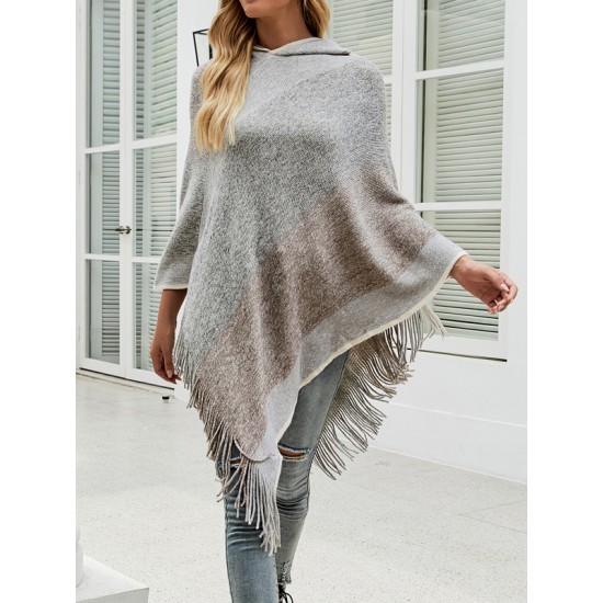 Casual Loose Striped Tasseled Hooded Cape Casual Loose Striped Tasseled Hooded Cape