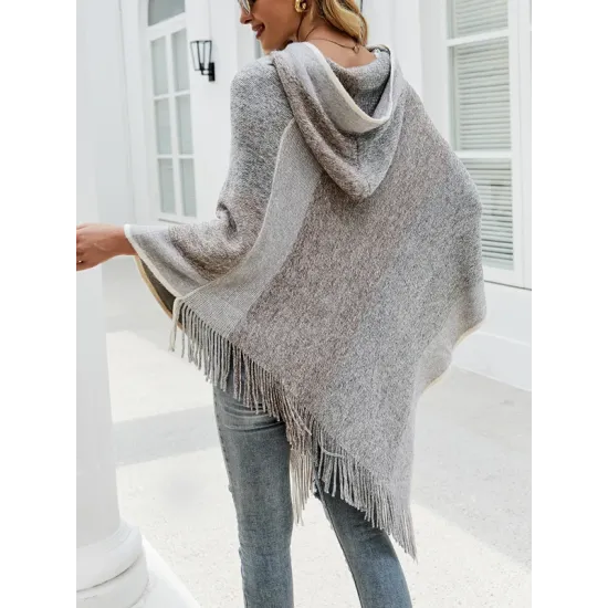 Casual Loose Striped Tasseled Hooded Cape Casual Loose Striped Tasseled Hooded Cape