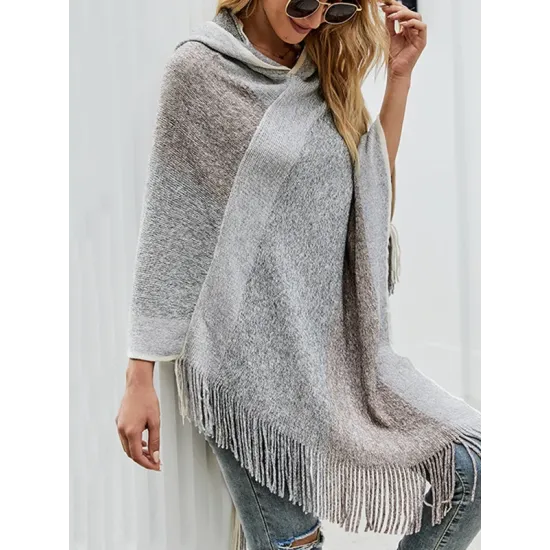 Casual Loose Striped Tasseled Hooded Cape Casual Loose Striped Tasseled Hooded Cape