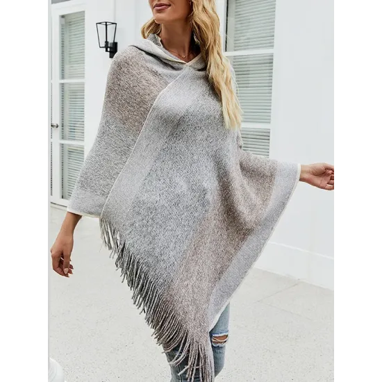 Casual Loose Striped Tasseled Hooded Cape Casual Loose Striped Tasseled Hooded Cape