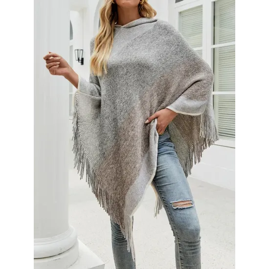 Casual Loose Striped Tasseled Hooded Cape Casual Loose Striped Tasseled Hooded Cape