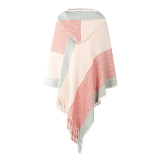 Casual Loose Striped Tasseled Hooded Cape Casual Loose Striped Tasseled Hooded Cape