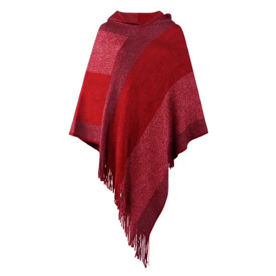 Casual Loose Striped Tasseled Hooded Cape Casual Loose Striped Tasseled Hooded Cape