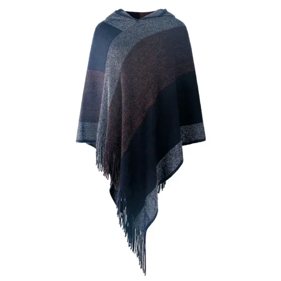Casual Loose Striped Tasseled Hooded Cape Casual Loose Striped Tasseled Hooded Cape