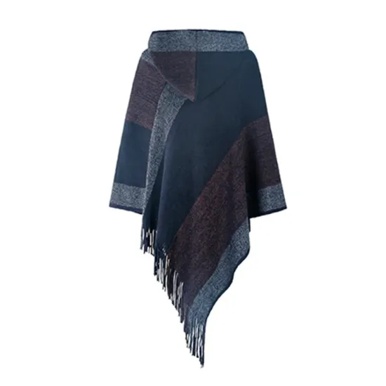 Casual Loose Striped Tasseled Hooded Cape Casual Loose Striped Tasseled Hooded Cape