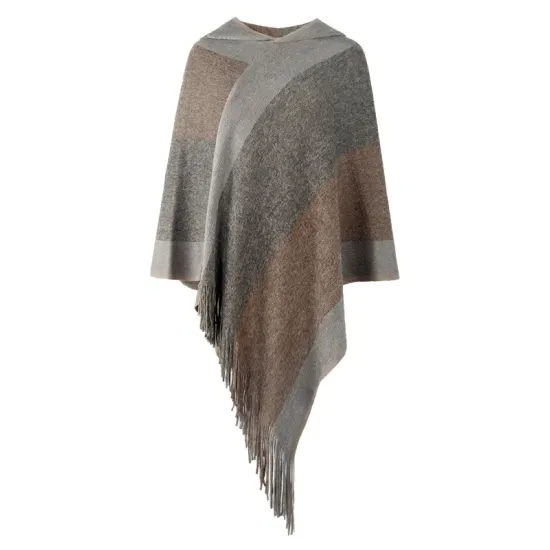 Casual Loose Striped Tasseled Hooded Cape Casual Loose Striped Tasseled Hooded Cape