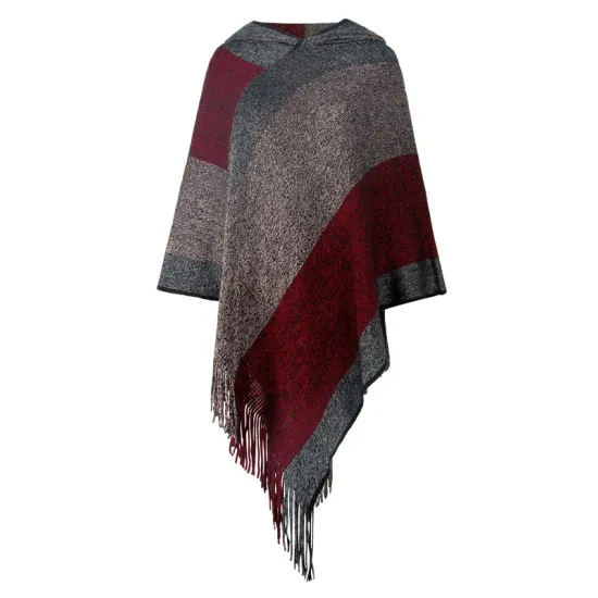 Casual Loose Striped Tasseled Hooded Cape Casual Loose Striped Tasseled Hooded Cape