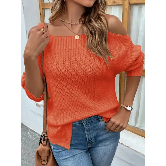 Long Sleeves Split-Side Solid Color Off-The-Shoulder Sweater Tops