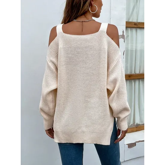 Long Sleeves Split-Side Solid Color Off-The-Shoulder Sweater Tops